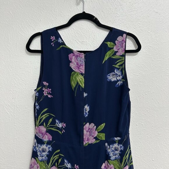 TALBOTS  GEORGETTE PAINTERLY SLEEVELESS NAVY BLUE FLORAL WRAP DRESS RUFFLE 10P - Picture 6 of 12